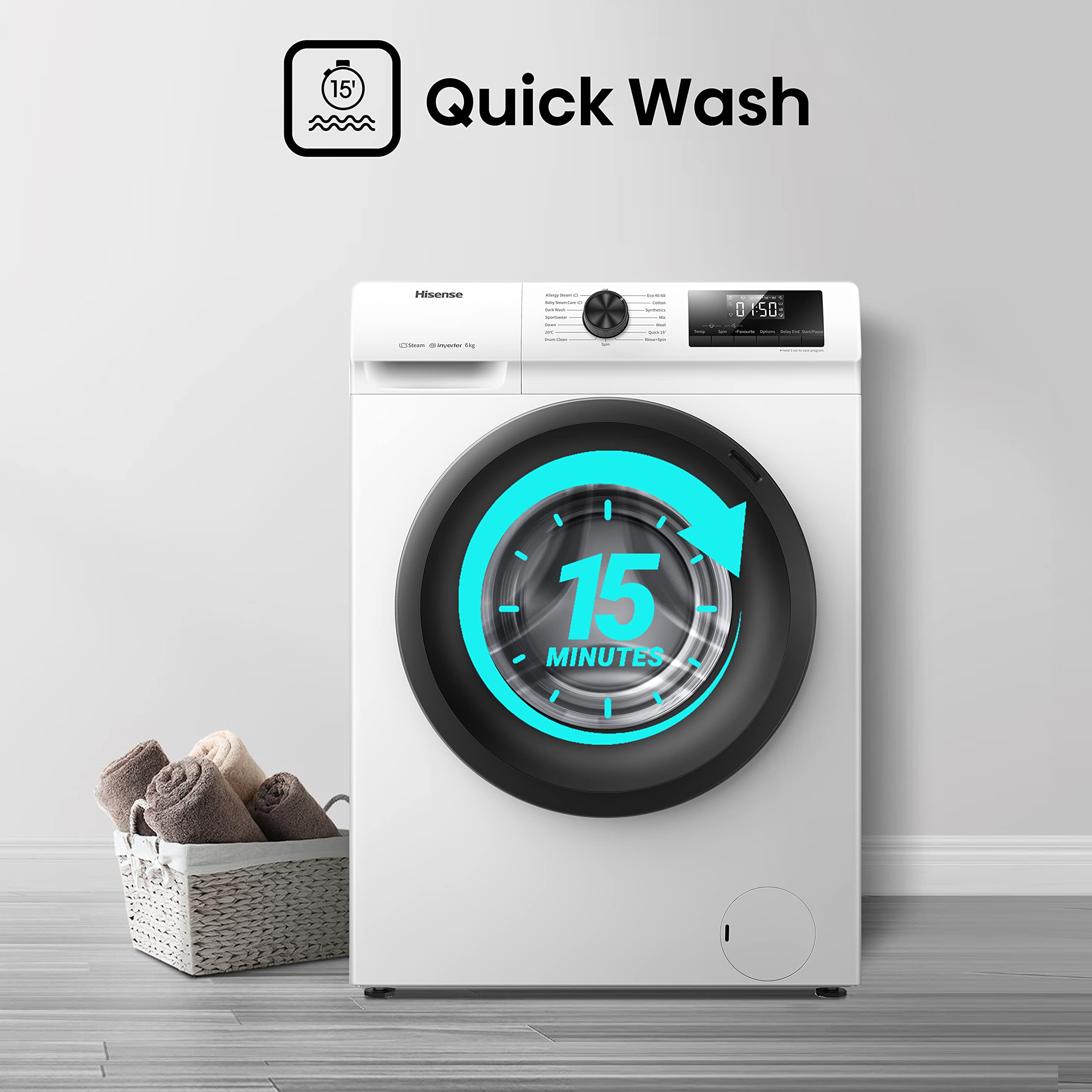WFQP6012EVM-Freestanding-6 KG-Front Load Durable Inverter Washing Machine-Steam Wash-Quick Wash-15 Washing Programs-1200 RPM-White-Energy Rating C
