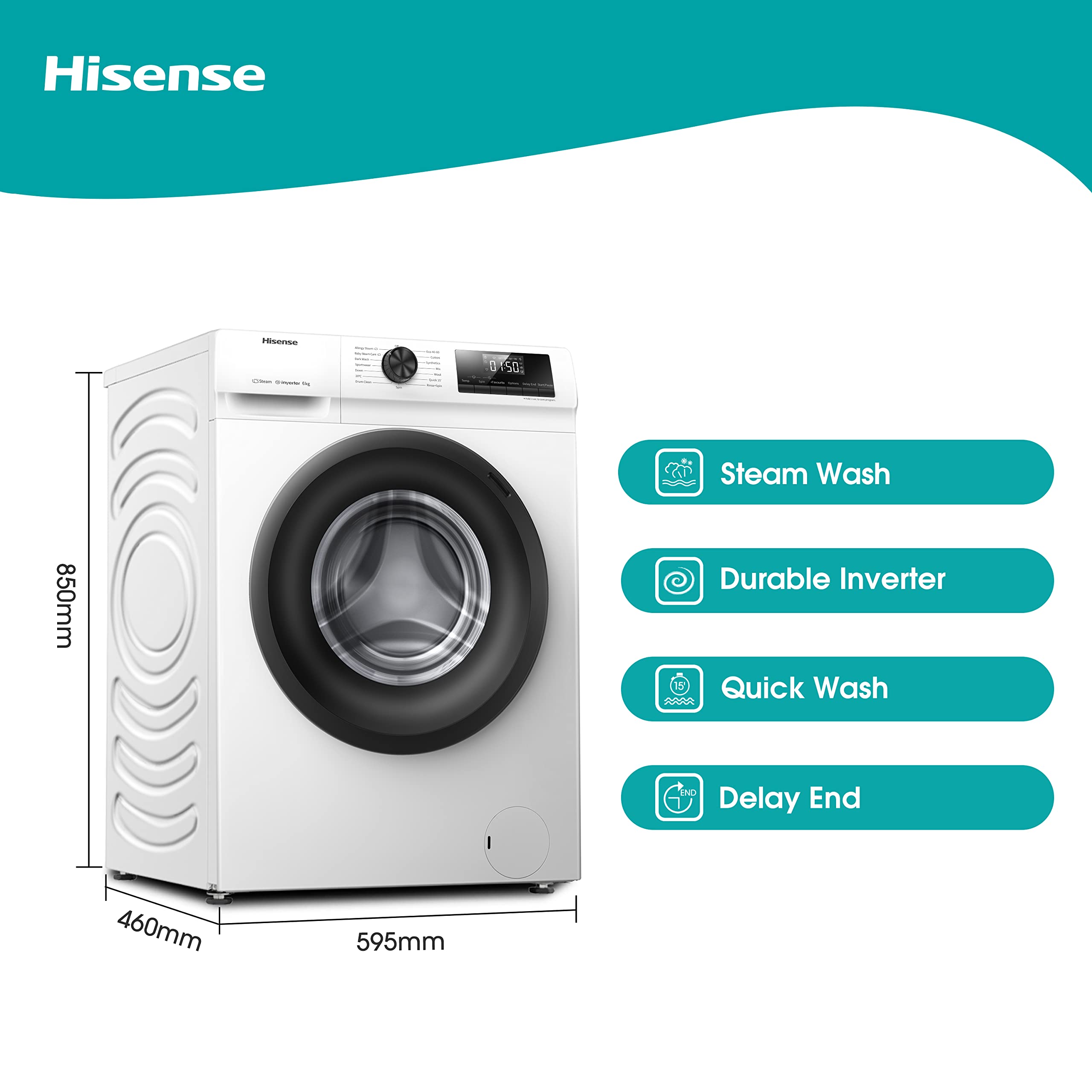 WFQP6012EVM-Freestanding-6 KG-Front Load Durable Inverter Washing Machine-Steam Wash-Quick Wash-15 Washing Programs-1200 RPM-White-Energy Rating C