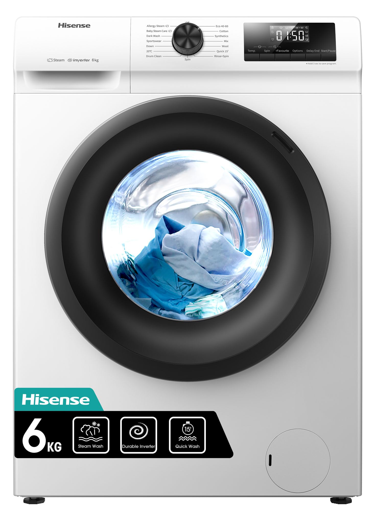 WFQP6012EVM-Freestanding-6 KG-Front Load Durable Inverter Washing Machine-Steam Wash-Quick Wash-15 Washing Programs-1200 RPM-White-Energy Rating C