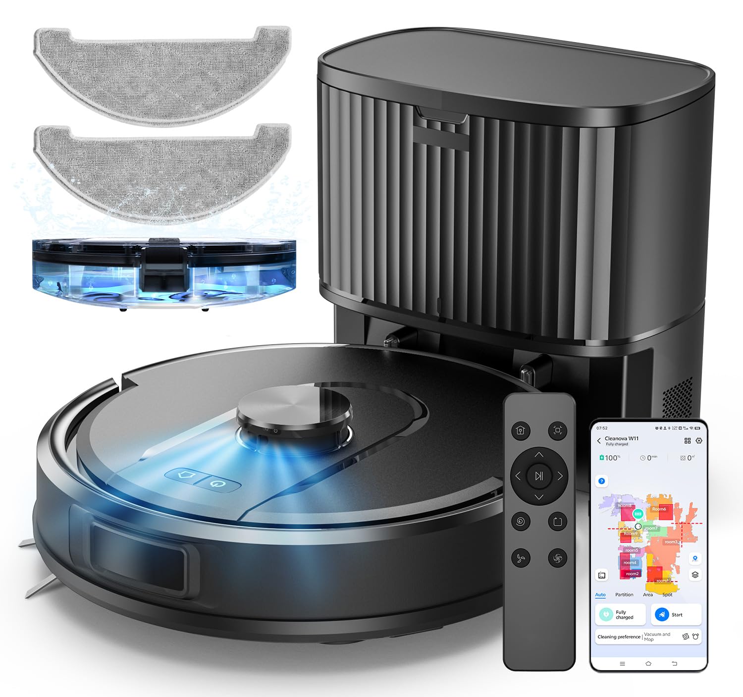 Self-Emptying Robot Vacuum Cleaner with Mop, Laser Navigation, Up to 60 Days of Hands-Free Cleaning, 180 Mins Runtime, Strong 5000Pa Suction Robot Vacuum to Clean Floors, Carpets, and Pet Hair