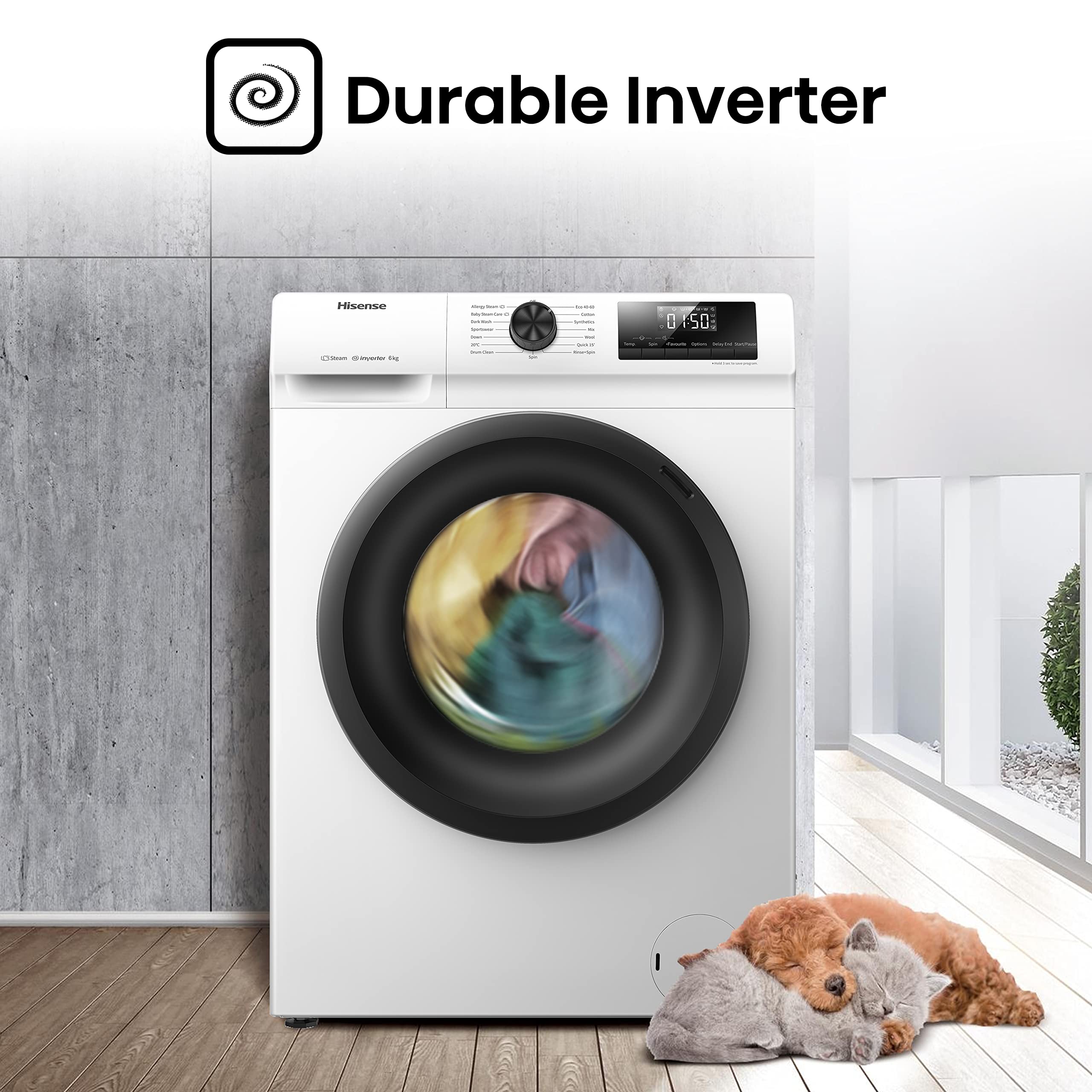 WFQP6012EVM-Freestanding-6 KG-Front Load Durable Inverter Washing Machine-Steam Wash-Quick Wash-15 Washing Programs-1200 RPM-White-Energy Rating C
